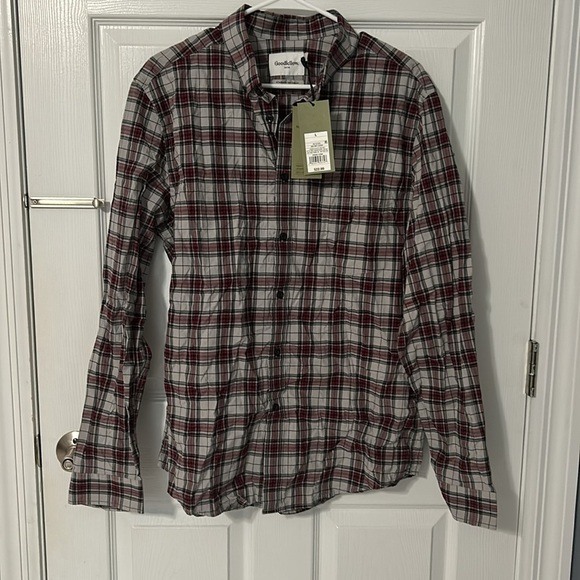 NWT Goodfellow Men’s Button Down Shirt Gray Red Plaid Size Large - Picture 1 of 4